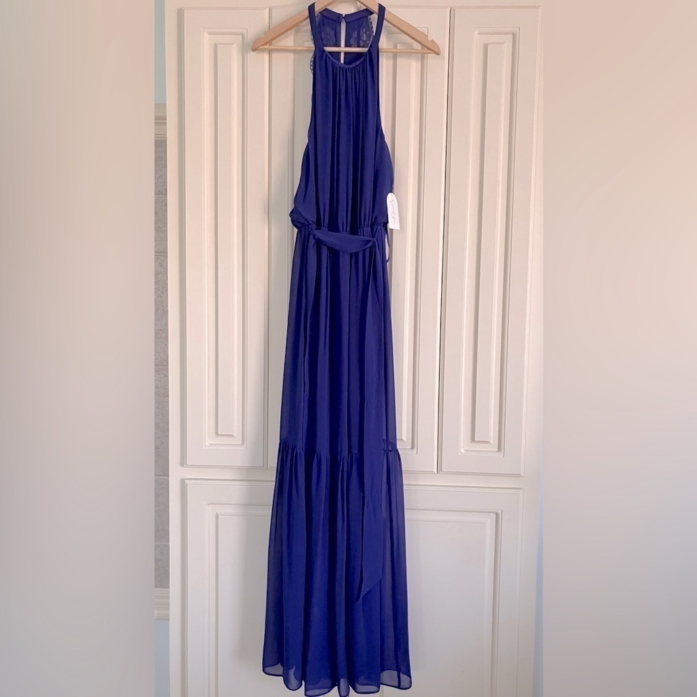 Jessica Simpson Long Blue Halter Maxi‎ Dress Size Medium Scalloped Back NWT